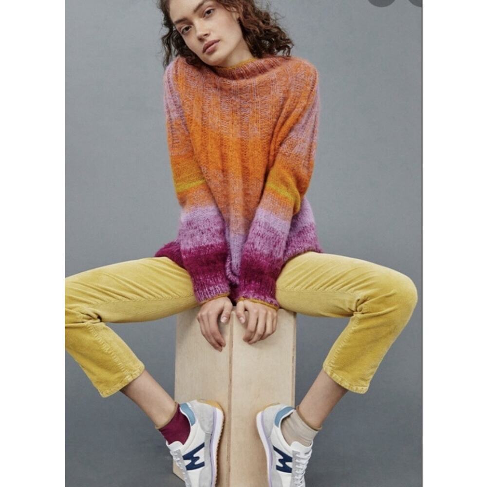 Anthropologie Oversized Sweater Chunky Rainbow Mock Neck Happy Fun Purple Orange